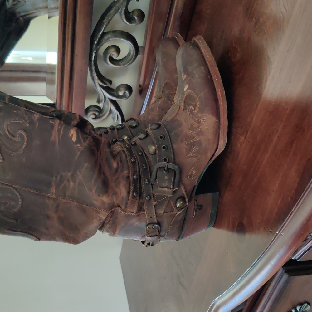 Brown Leather Mid-Calf Western Boots with Studded Harness